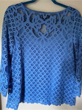 Rafaela Blue Lace Crochet Women's Top. Lined 3/4 sleeves Lightweight